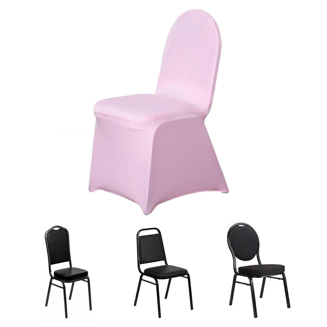 Pink chair cover on a white backdrop with black chairs for comparison