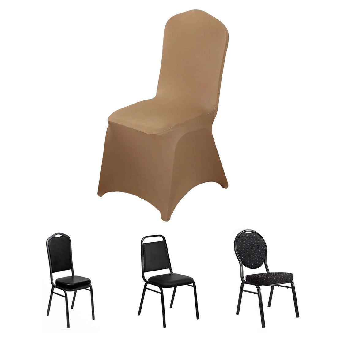 Four chair styles including a beige stretch cover chair on a white background