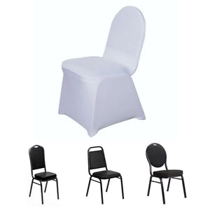 Four banquet chairs in different styles and colors on a white background.