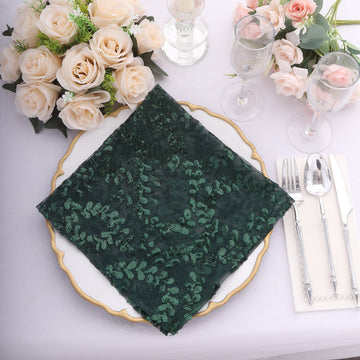 Sparkly Hunter Emerald Green Leaf Vine Embroidered Sequin Tulle Cloth Dinner Napkins, Sheer Decorative Napkins