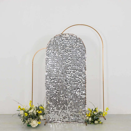 Sparkly Silver Big Payette Sequin Fitted Chiara Backdrop Stand Cover for Round Top Wedding Arch - 6ft