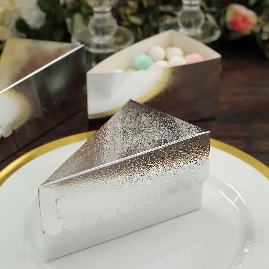 Paper Triangle Cake Slice Boxes 5"x3" Silver eFavormart — free download