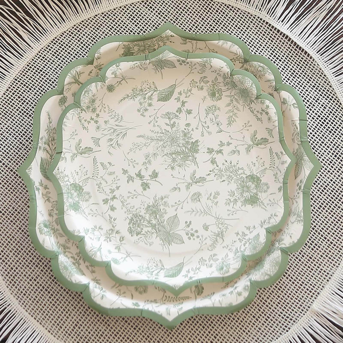 French Toile Dinner Plates Sage Green Scalloped Rim 10