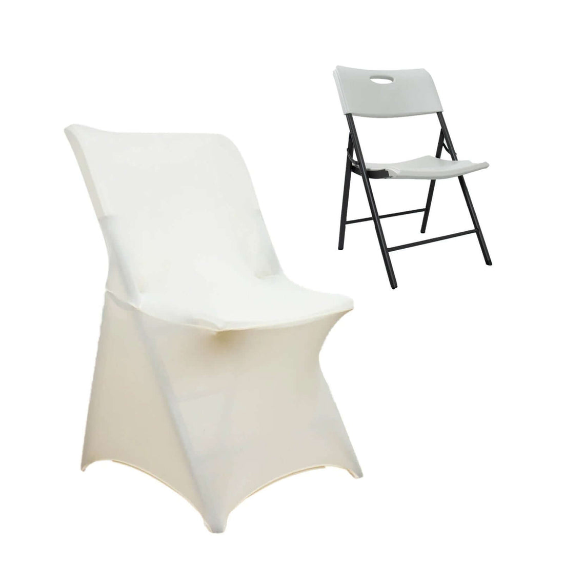 Two folding chairs: one white plastic and one black metal on a plain background.