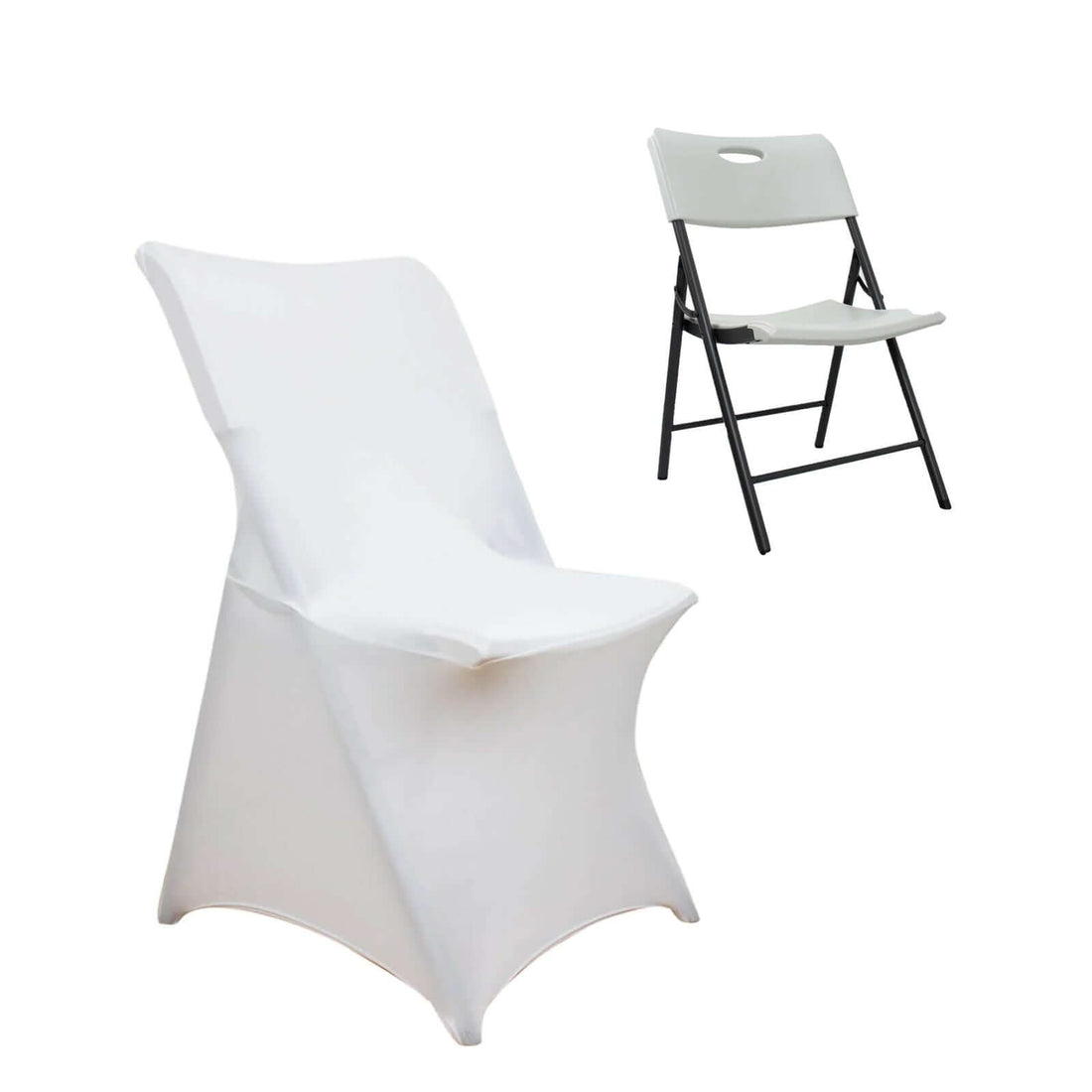 Two folding chairs: one with a sleek white cover and one in grey.