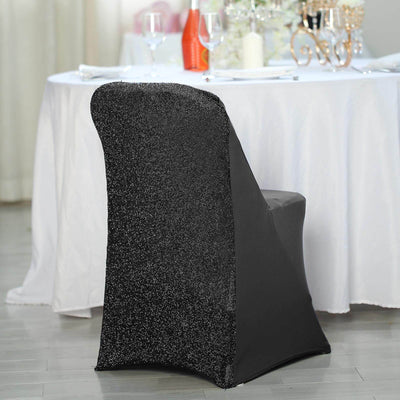 Stretch Spandex Folding Chair Cover Black with Metallic Shimmer Tinsel Back Design - Durable Fitted Slipcover with Foot Pockets