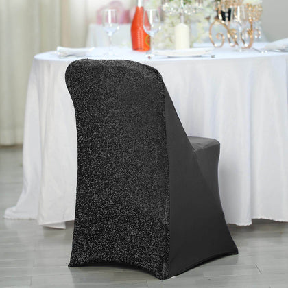 Stretch Spandex Folding Chair Cover Black with Metallic Shimmer Tinsel Back Design - Durable Fitted Slipcover with Foot Pockets