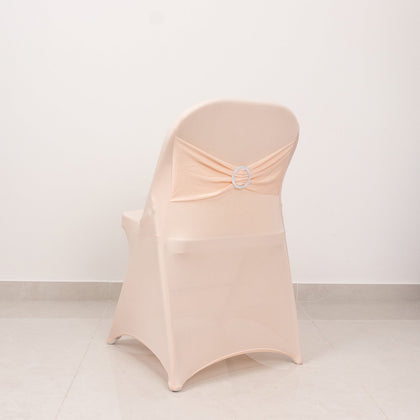 Stretch Spandex Folding Chair Cover Blush - Wrinkle Resistant Fitted Slipcover with Silver Rhinestone Buckled Sash Band Accent
