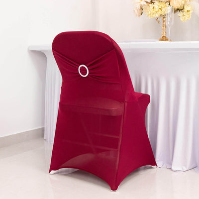 Stretch Spandex Folding Chair Cover Burgundy - Wrinkle Resistant Fitted Slipcover with Silver Rhinestone Buckled Sash Band Accent