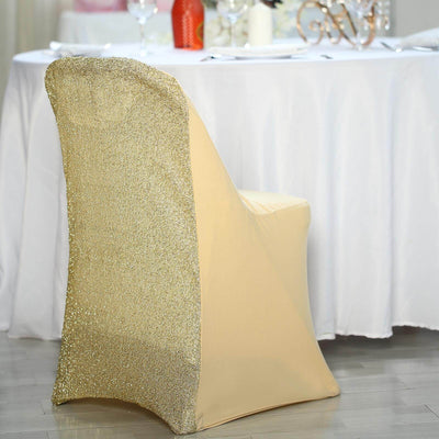Stretch Spandex Folding Chair Cover Champagne with Metallic Shimmer Tinsel Back Design - Durable Fitted Slipcover with Foot Pockets