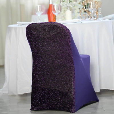 Stretch Spandex Folding Chair Cover Purple with Metallic Shimmer Tinsel Back Design - Durable Fitted Slipcover with Foot Pockets