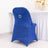 Blue chair cover with decorative bow, perfect for events or weddings.