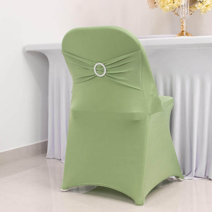 Stretch Spandex Folding Chair Cover Sage Green - Wrinkle Resistant Fitted Slipcover with Silver Rhinestone Buckled Sash Band Accent