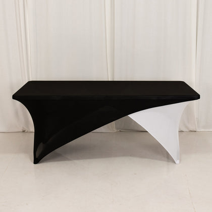 Stretch Spandex Rectangle Table Cover 72"x30" Black/White Cross Over Design - Versatile & Stylish Two-Piece Fitted Tablecloth with Elastic Foot Pockets