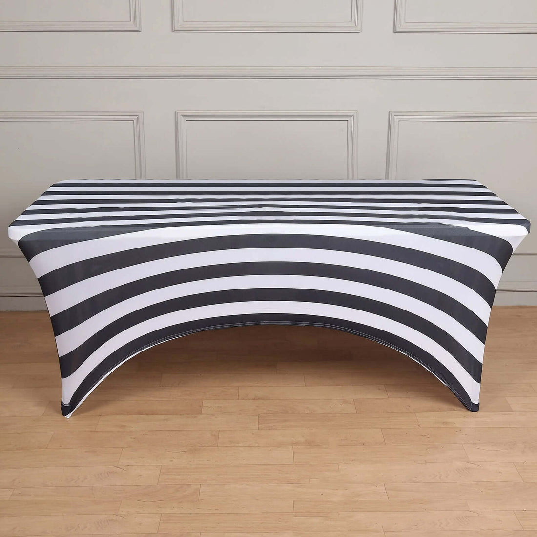 Black and white striped table cover for events and decor