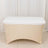 Portable folding table with a white top and cream skirt