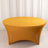 Yellow round table with a sleek design on a plain backdrop.