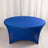 Blue stretch table cover on an oval table against a plain background.