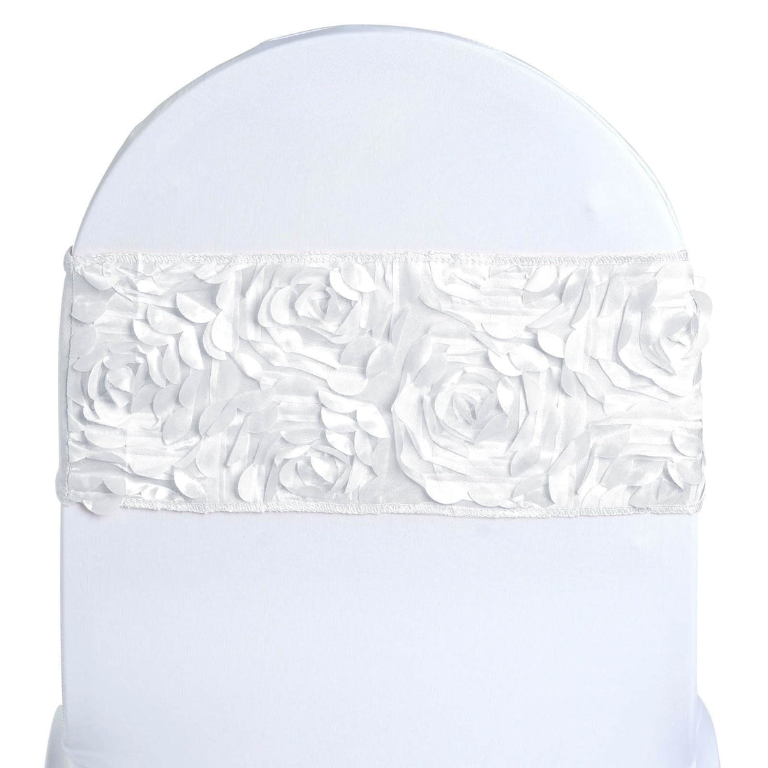White chair cover with rose-shaped fabric detail