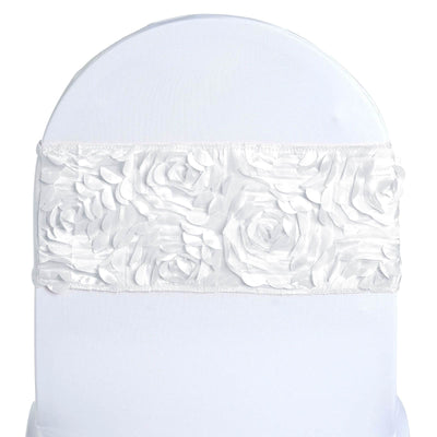 5 Pack Satin Spandex Chair Sashes 6"x14" White - Rosette Pattern Stretch Chair Bands