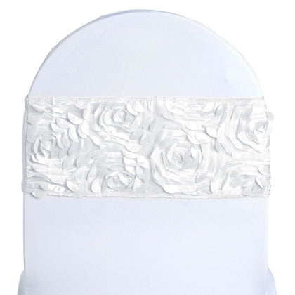 5 Pack Satin Spandex Chair Sashes 6"x14" White - Rosette Pattern Stretch Chair Bands