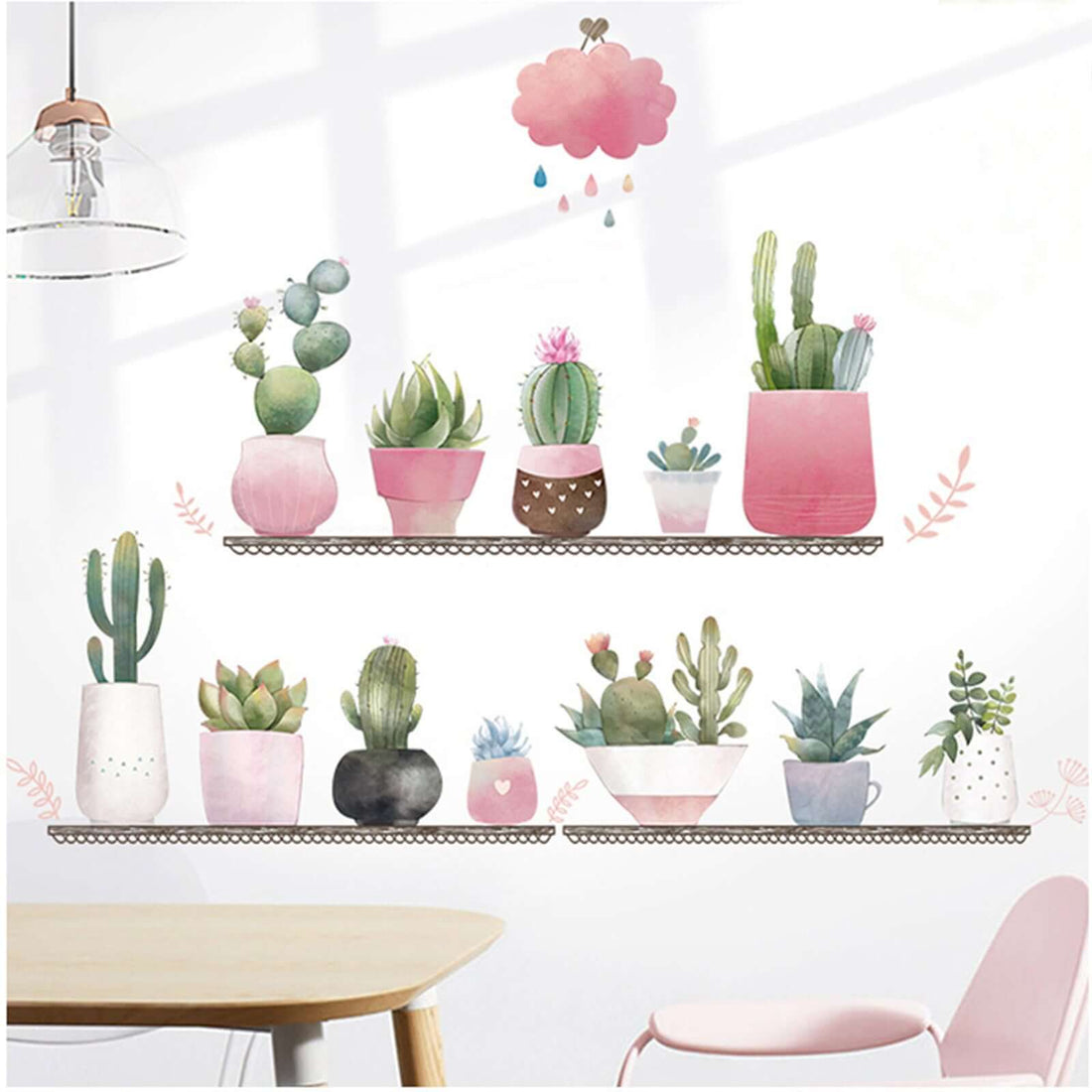 Colorful cactus and succulent wall art with decorative pots on shelves.