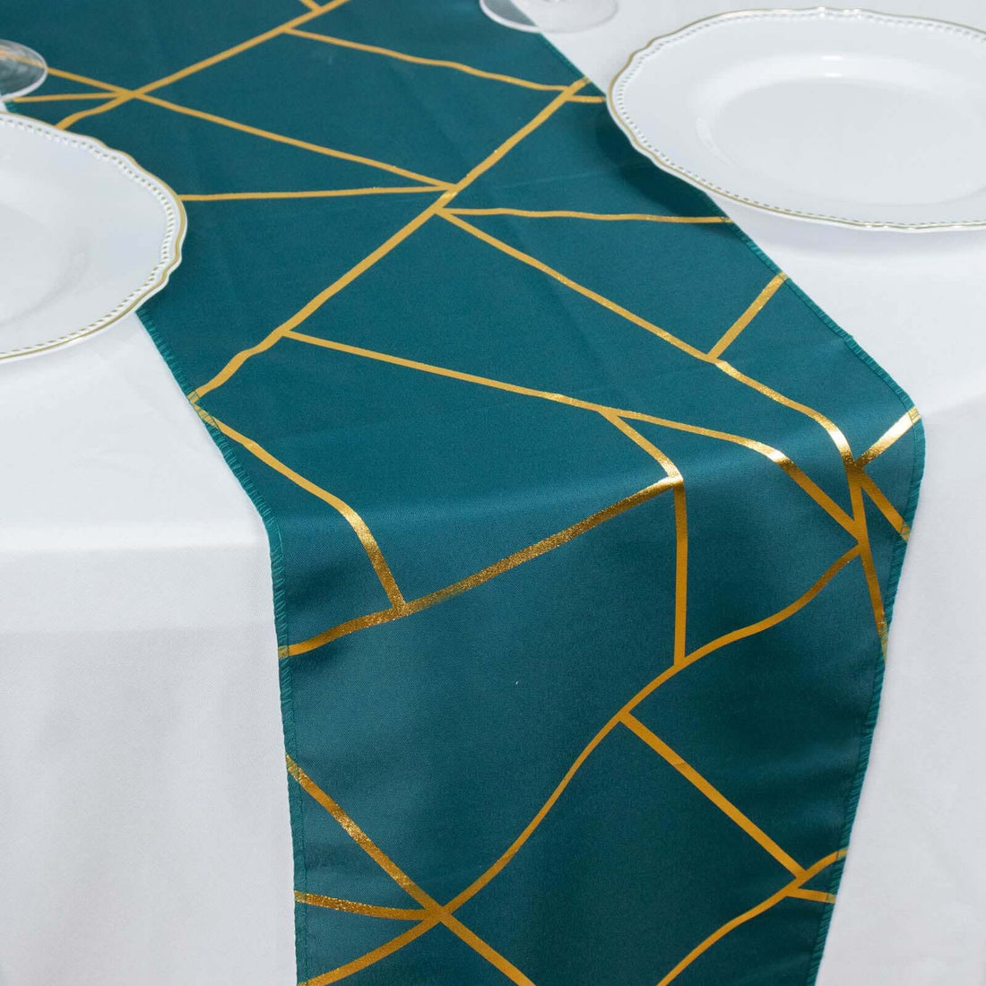 Geometric Polyester Table Runner 9ft Peacock Teal | eFavormart