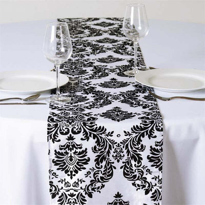 Taffeta Flocking Table Runner 12"x108" Black Damask - Sophisticated & Textured Table Decor for Events