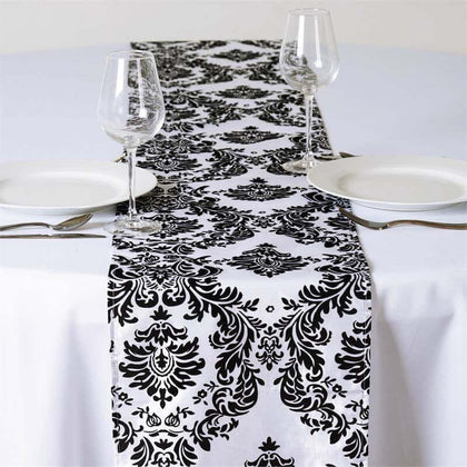 Taffeta Flocking Table Runner 12"x108" Black Damask - Sophisticated & Textured Table Decor for Events