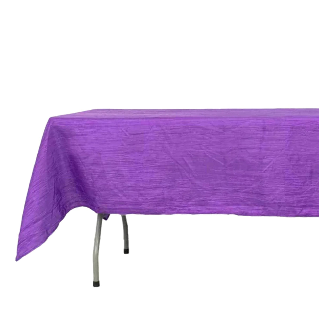 Purple tablecloth with textured finish on a folding table.