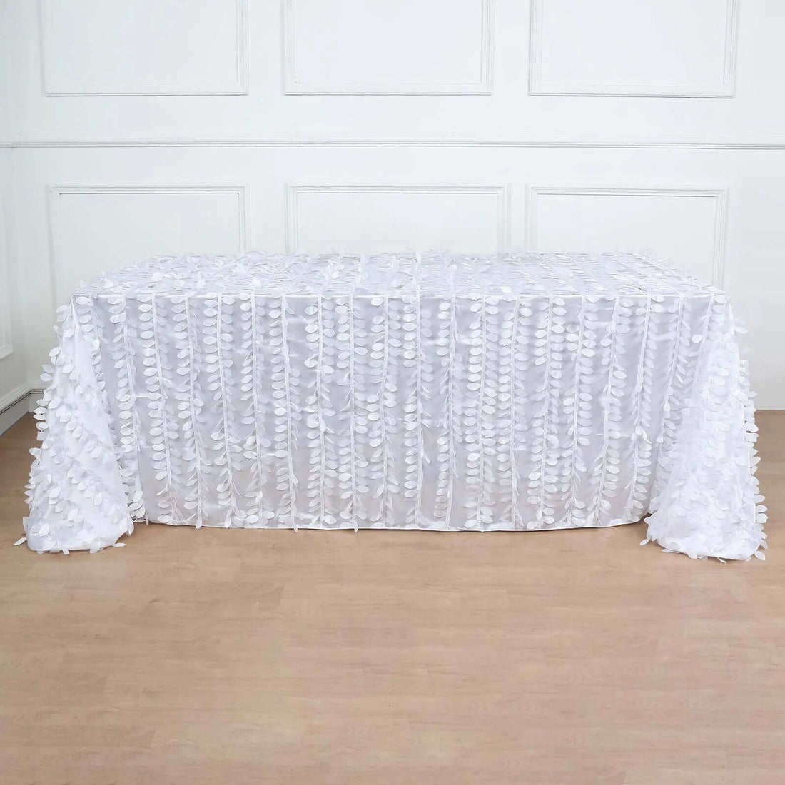 White table skirt with floral design for event decoration
