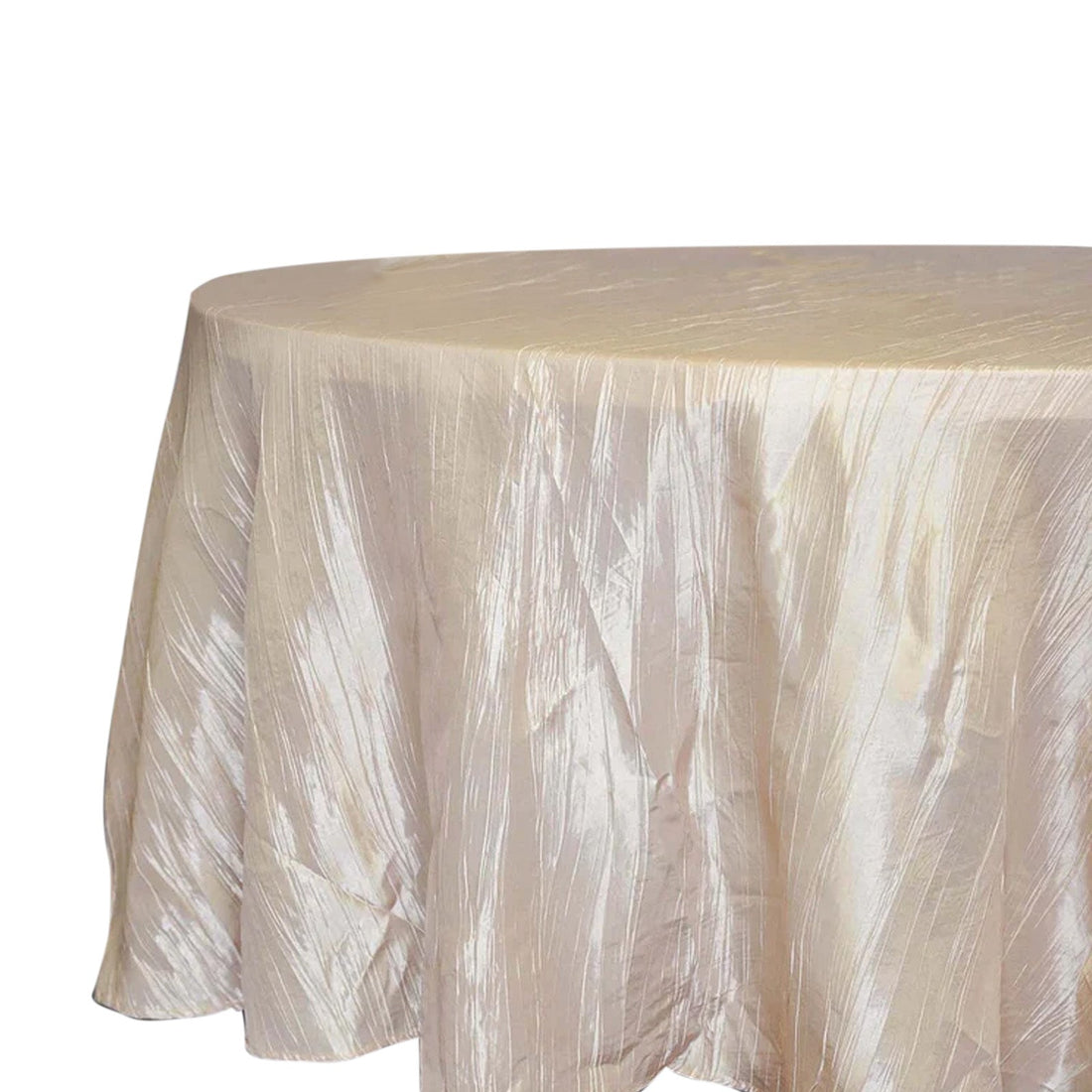 Round satin tablecloth in soft beige color, draped elegantly.