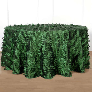Green leaf-patterned tablecloth for decoration and events.