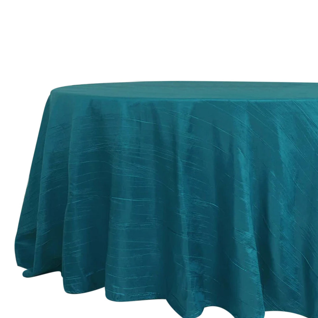 Teal round tablecloth with a textured finish.
