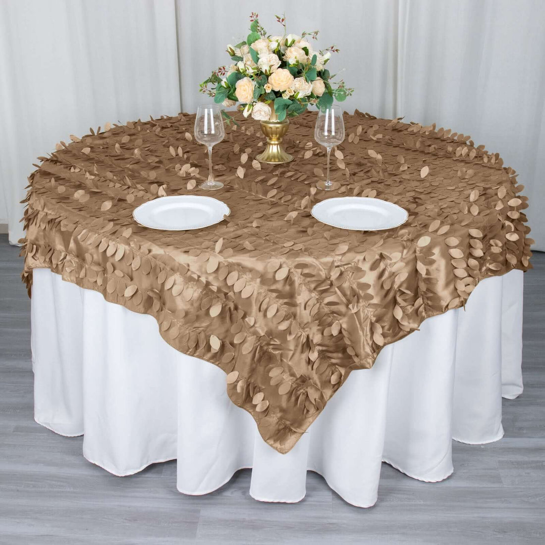 Elegant brown tablecloth with leaf design for special events.