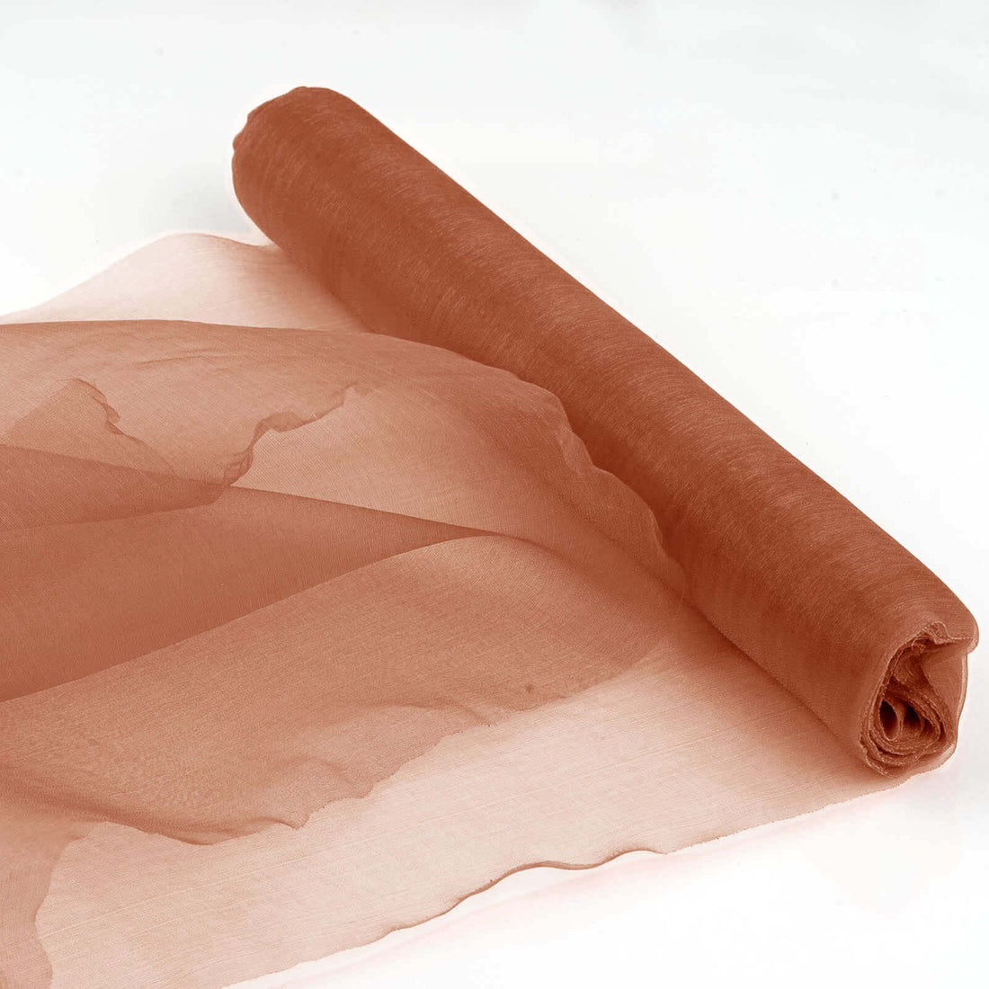 Rust-colored sheer fabric roll on a white background