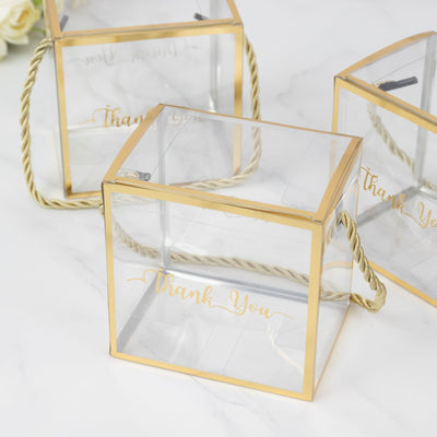 25 Pack Plastic Clear Cube Gift Boxes with Gold Trim - Transparent Favor Boxes, Rope Handle, Pre-Printed Thank You Message - 4"x4"