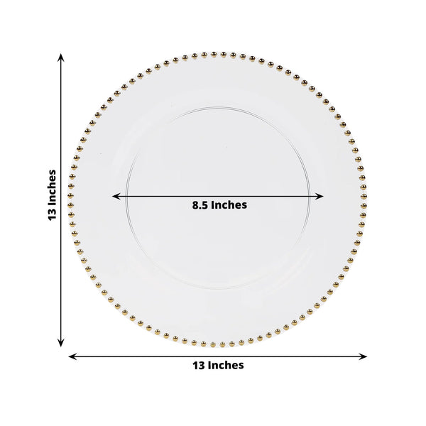 White decorative plate with golden beaded rim, 13 inches in diameter.