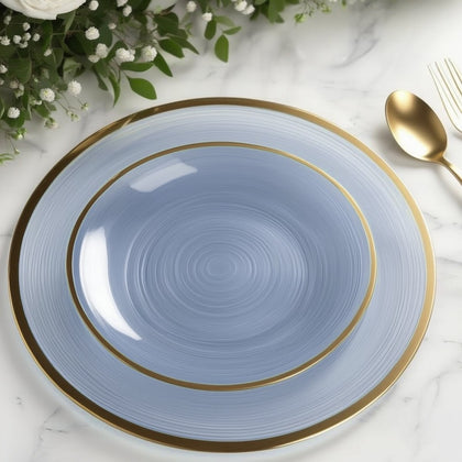 20-Pack Plastic Salad Dessert Plates 7" Round Transparent Dusty Blue Swirl with Gold Rim – Crystal-Like Elegant Party Plates
