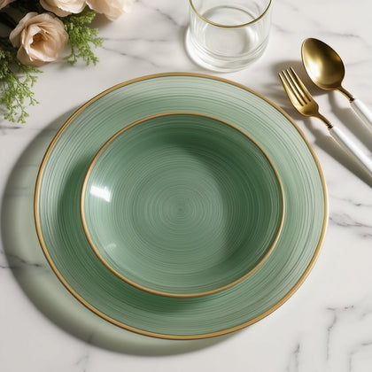20-Pack Plastic Salad Dessert Plates 7" Round Transparent Dusty Sage Green Swirl with Gold Rim – Crystal-Like Elegant Party Plates