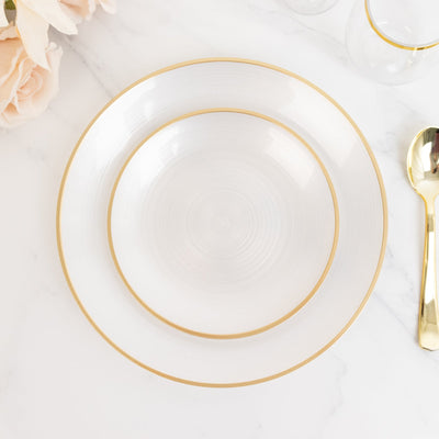 20-Pack Plastic Salad Dessert Plates 7" Round Transparent Pearl White Swirl with Gold Rim – Crystal-Like Elegant Party Plates