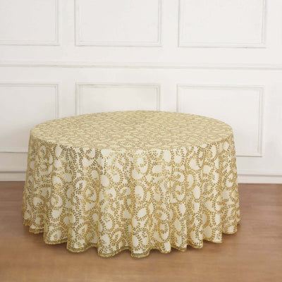 Tulle Round Tablecloth 120" Gold with Sequin Leaf Embroidered Design - Seamless Sheer Decor for Weddings, Galas & Events