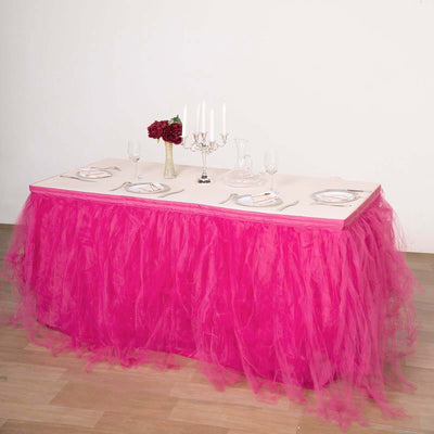 Tulle Table Skirt 14ft Fuchsia - 4 Layer Pleated Tutu Table Cover