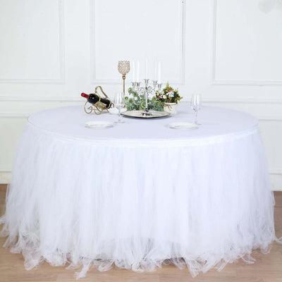 Tulle Table Skirt 17ft White - 4 Layer Pleated Tutu for Stylish & Soft Event Table Cover