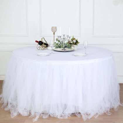 Tulle Table Skirt 17ft White - 4 Layer Pleated Tutu for Stylish & Soft Event Table Cover