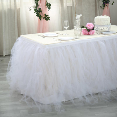 Tulle Table Skirt 21ft White - 4 Layer Pleated Tutu for Stylish & Soft Event Table Cover