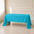Turquoise polyester rectangle tablecloth on a dining table.
