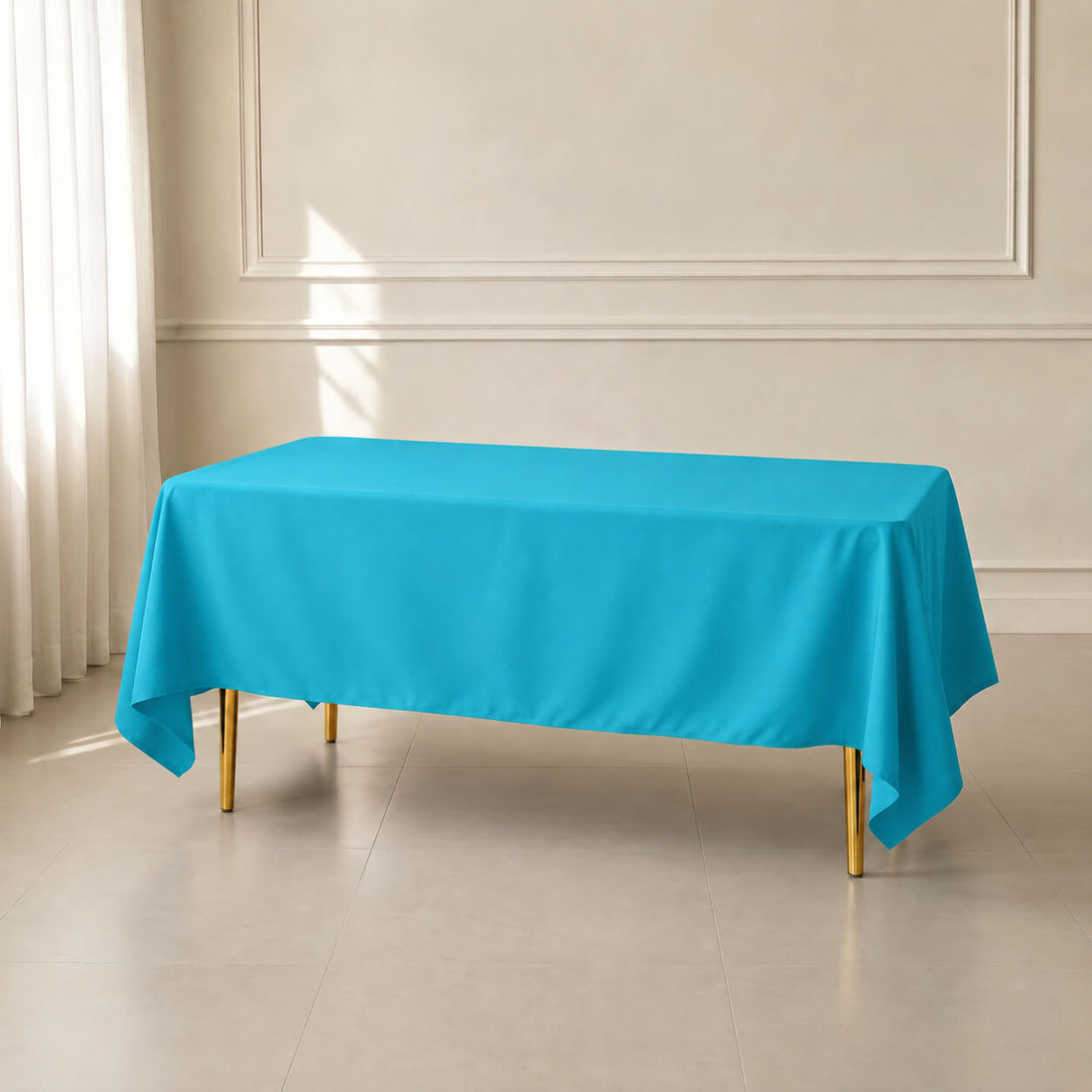 Turquoise wrinkle-resistant tablecloth 72"x120" for reusable table cover.