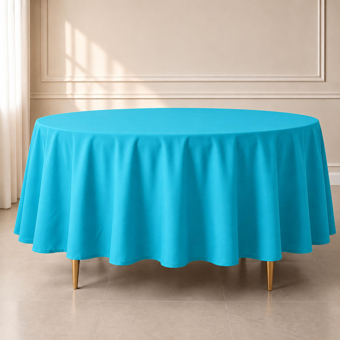 Turquoise round polyester tablecloth, 108 inches, durable and stain-resistant.