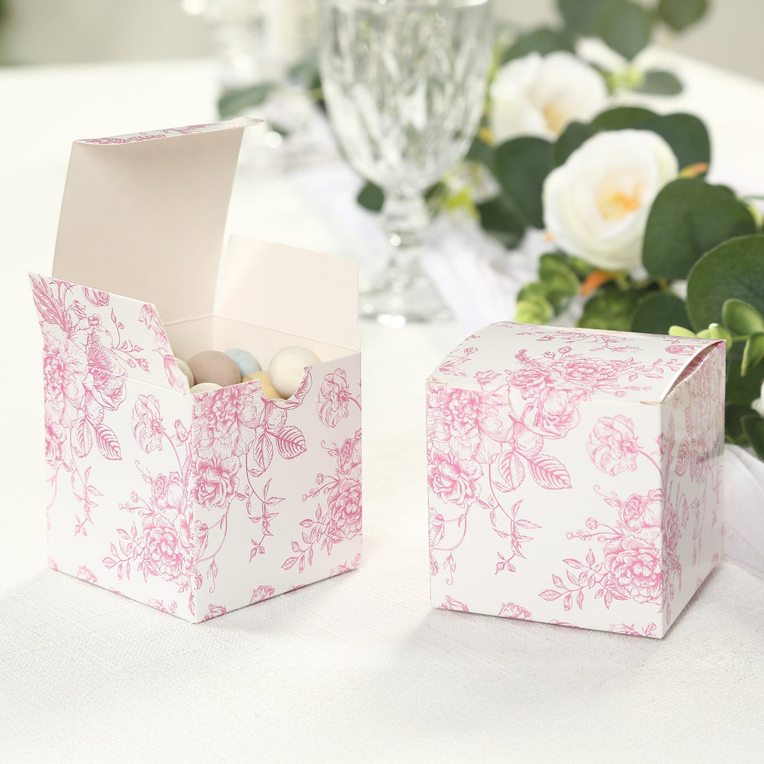 25 Pack White Pink Floral Candy Boxes | eFavormart